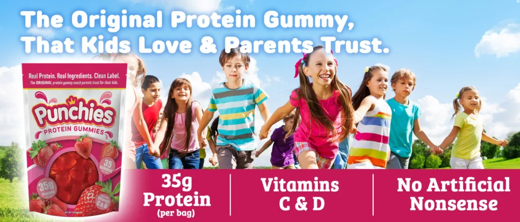 kids playing in field with punchies protein gummies
